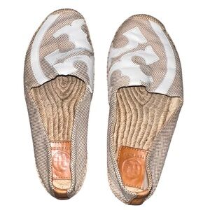 Tory Burch Tan Canvas Espadrilles White & Camel Leather Accents Size 7.5 Neutral